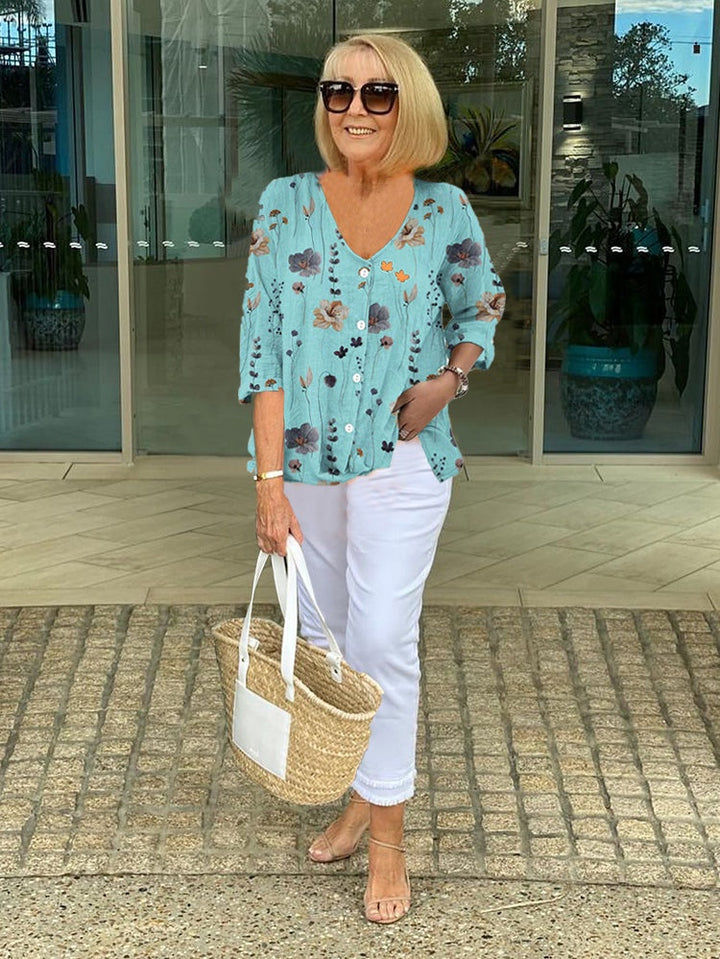 Marit | Blouses Dames met Bloemenprint V-hals Knopen