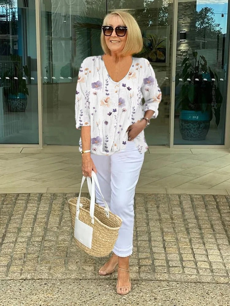 Marit | Blouses Dames met Bloemenprint V-hals Knopen
