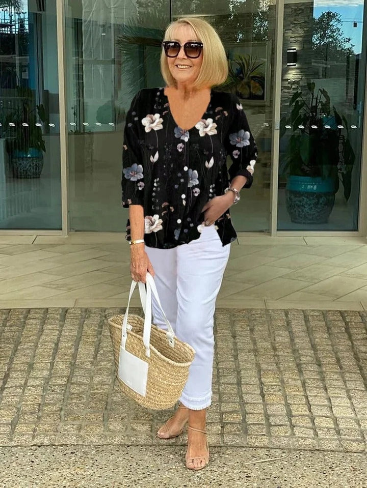 Marit | Blouses Dames met Bloemenprint V-hals Knopen