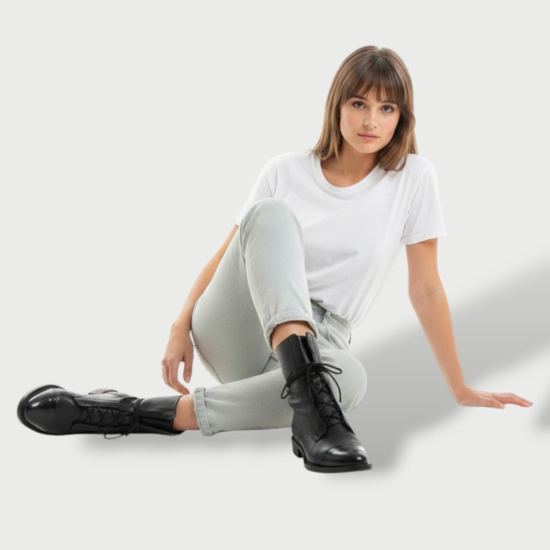 Marit | Leren Enkellaarsjes Dames Veters Cap-Toe