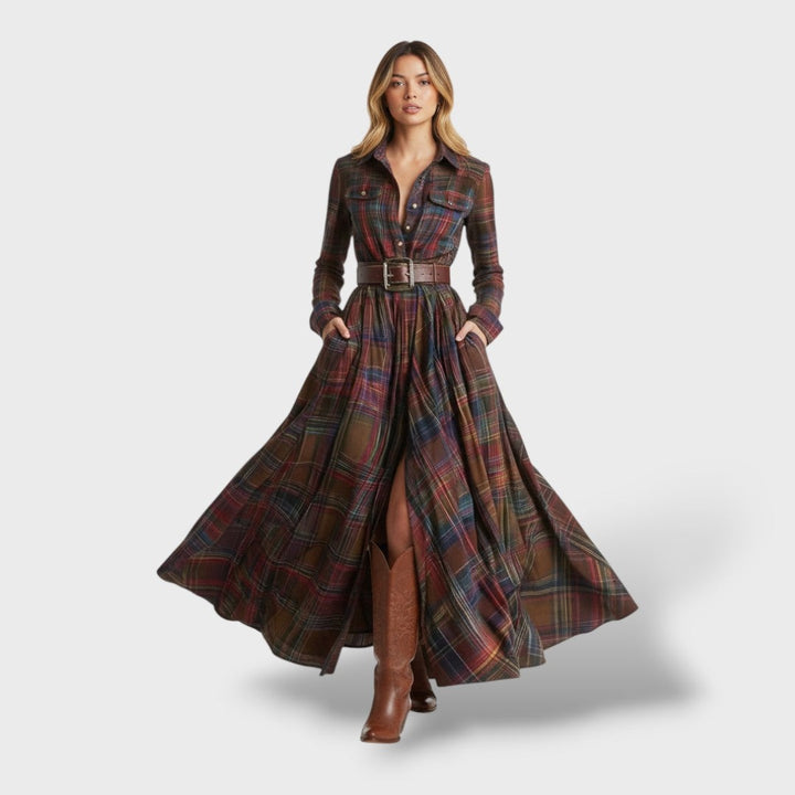 Marjolein | Maxi Blousejurk met Lange Mouwen Dames Herfst Ruitpatroon