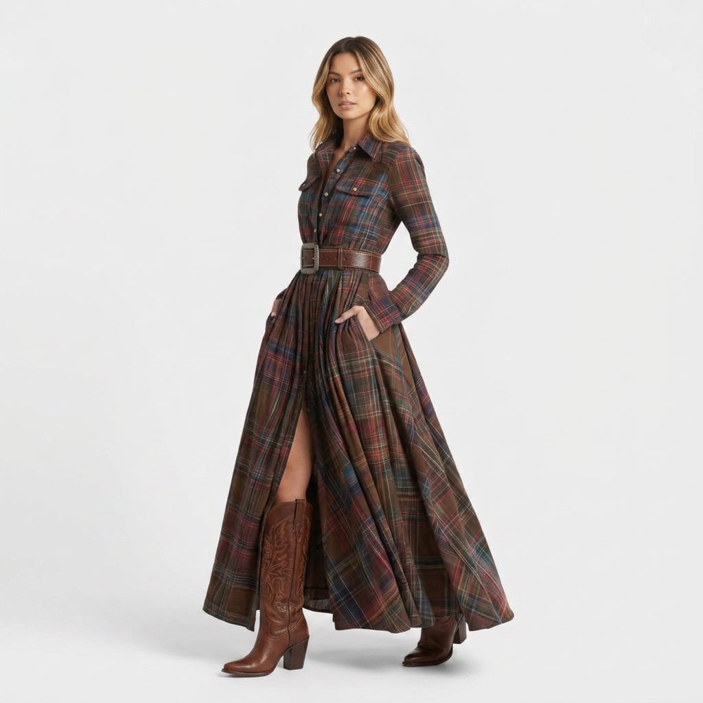 Marjolein | Maxi Blousejurk met Lange Mouwen Dames Herfst Ruitpatroon