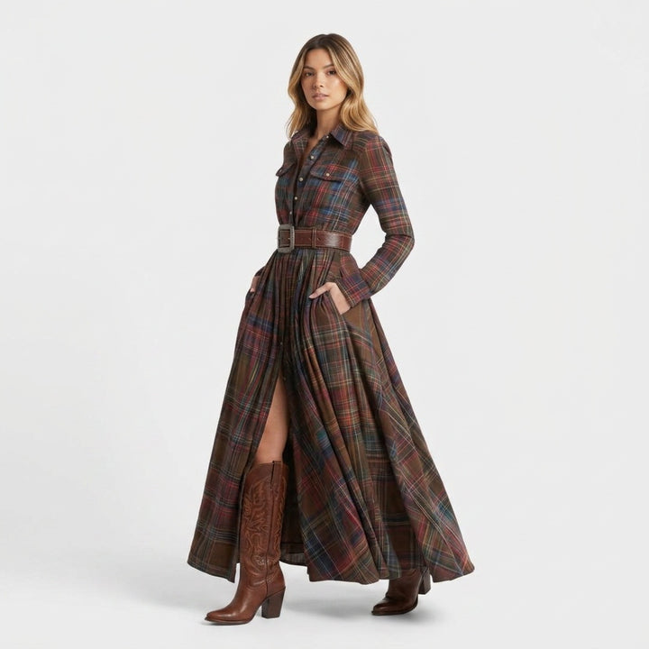 Marjolein | Maxi Blousejurk met Lange Mouwen Dames Herfst Ruitpatroon
