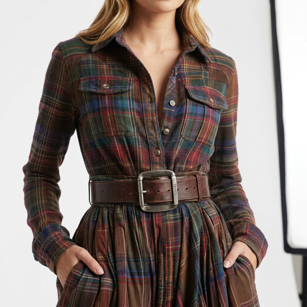 Marjolein | Maxi Blousejurk met Lange Mouwen Dames Herfst Ruitpatroon