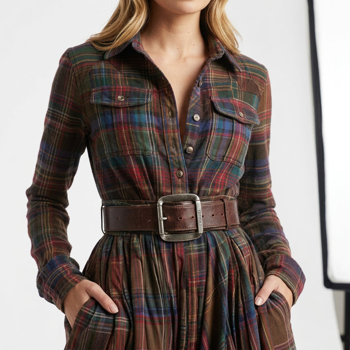 Marjolein | Maxi Blousejurk met Lange Mouwen Dames Herfst Ruitpatroon