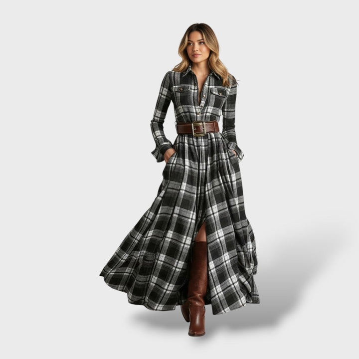 Marjolein | Maxi Blousejurk met Lange Mouwen Dames Herfst Ruitpatroon