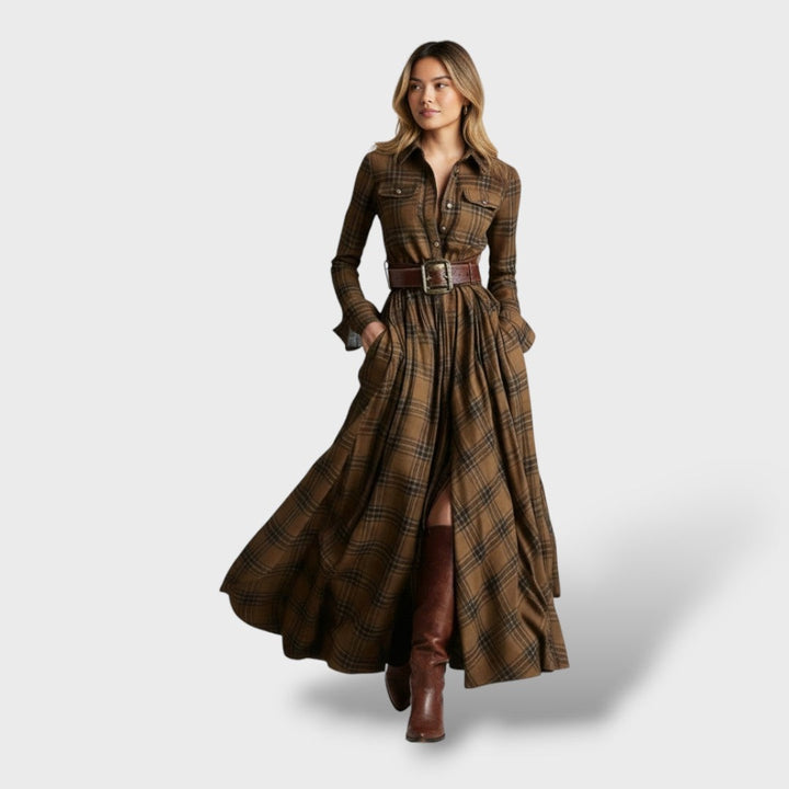 Marjolein | Maxi Blousejurk met Lange Mouwen Dames Herfst Ruitpatroon