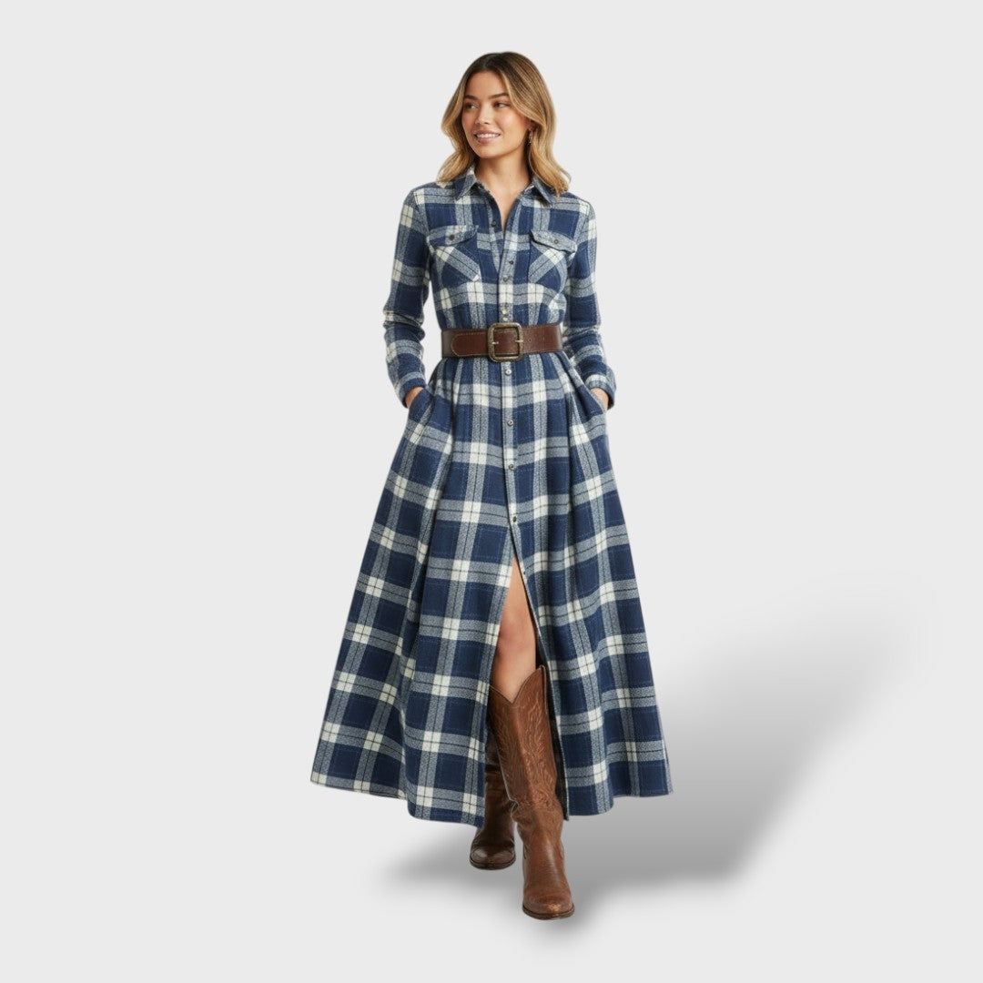Marjolein | Maxi Blousejurk met Lange Mouwen Dames Herfst Ruitpatroon