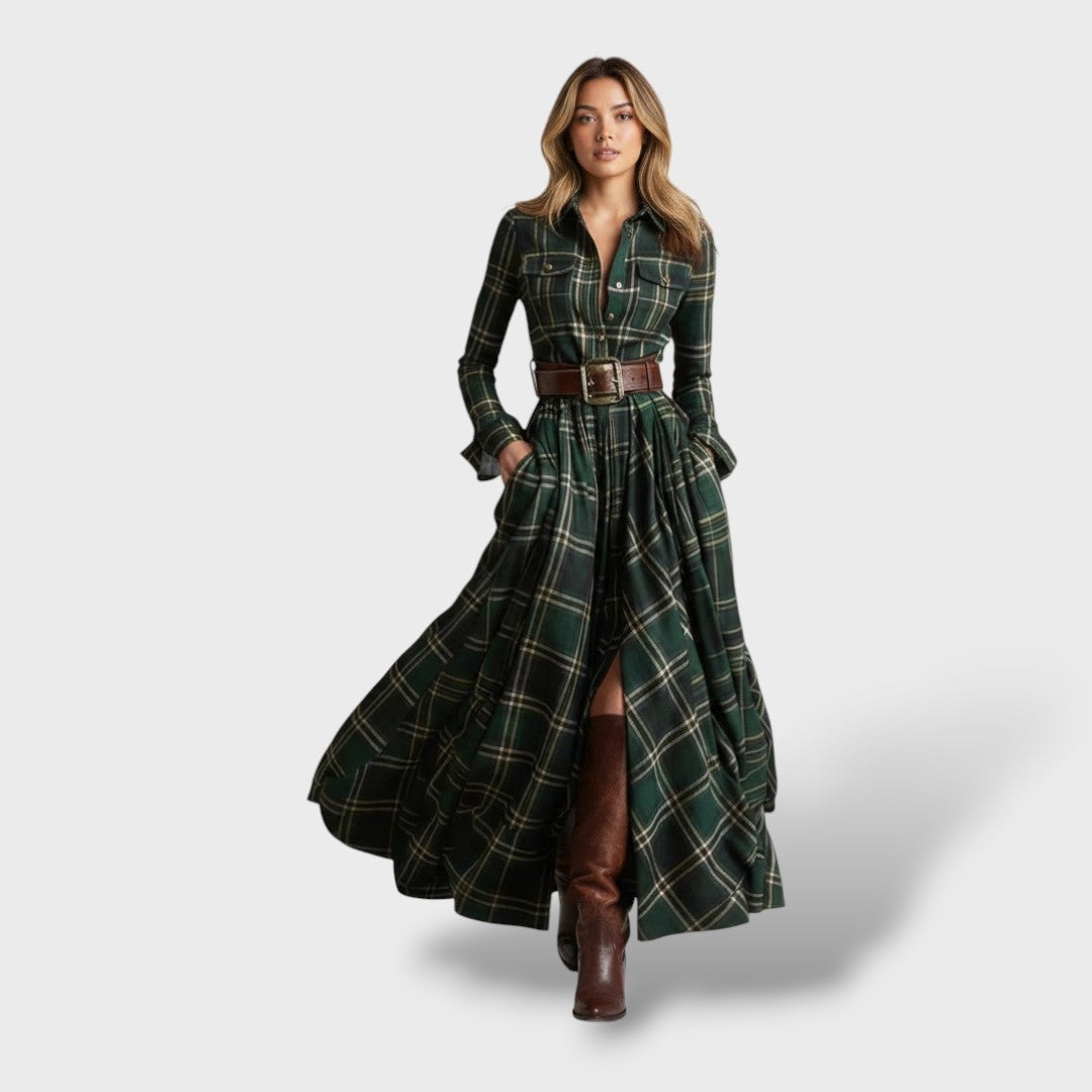 Marjolein | Maxi Blousejurk met Lange Mouwen Dames Herfst Ruitpatroon