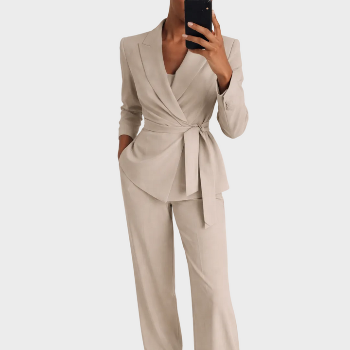 Marleen | Mantelpak Dames Blazer met Strik Wijde Broek