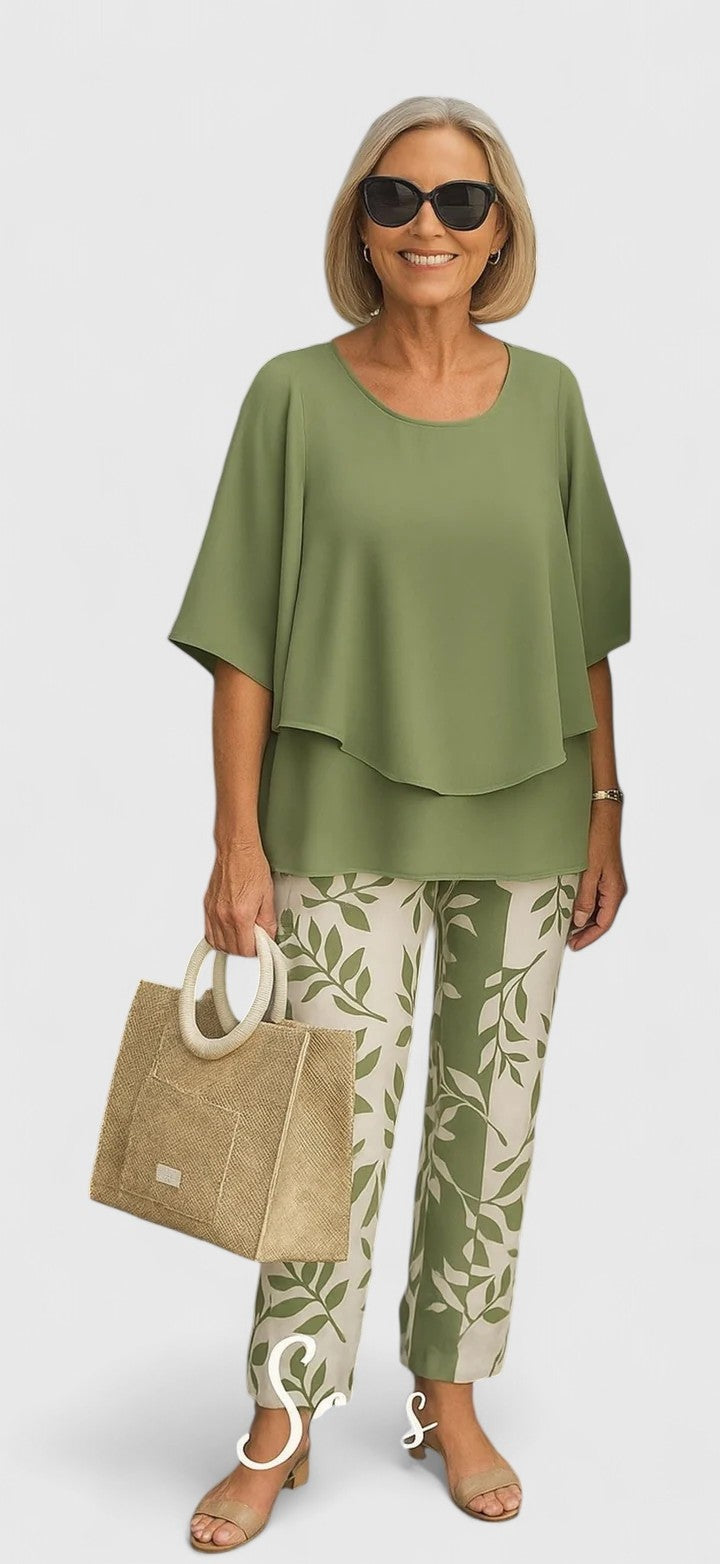 Maud | Dames Set Geprinte Broek en Gelaagde Top Dames Bloemenmotief