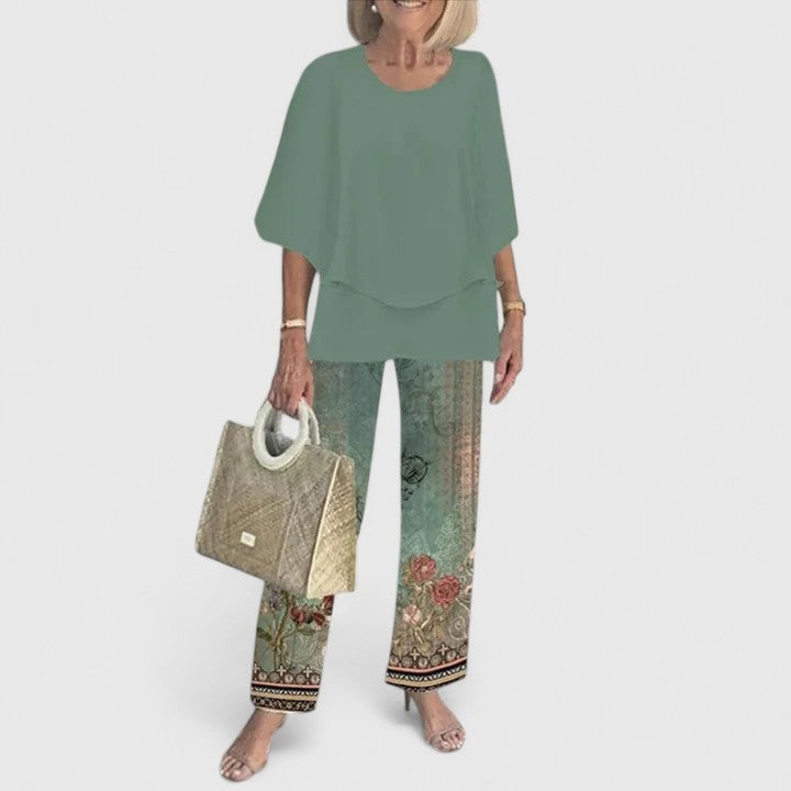 Maud | Dames Set Geprinte Broek en Gelaagde Top Dames Bloemenmotief
