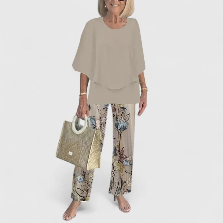 Maud | Dames Set Geprinte Broek en Gelaagde Top Dames Bloemenmotief