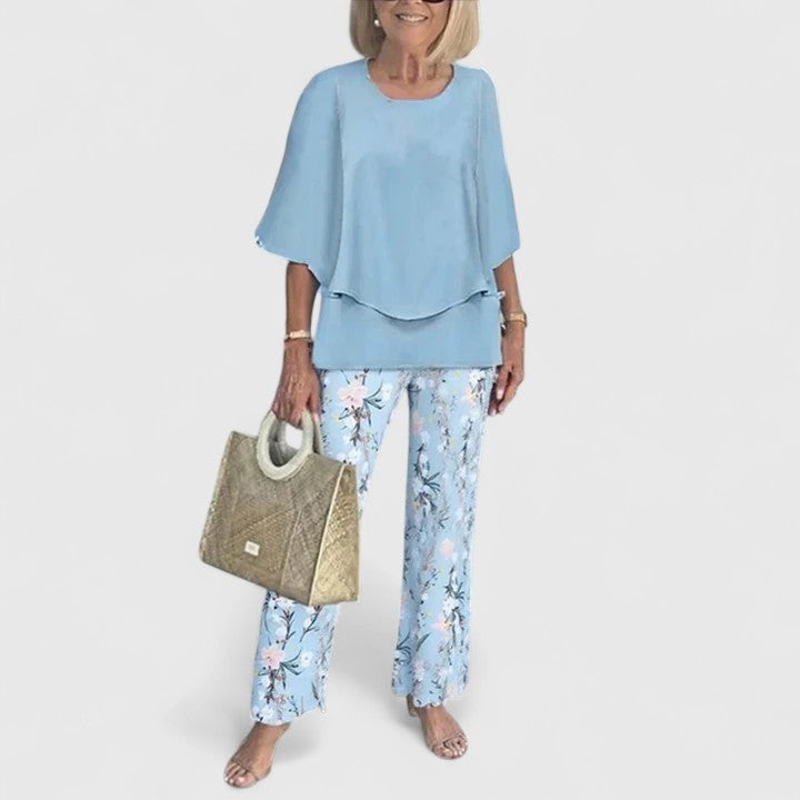 Maud | Dames Set Geprinte Broek en Gelaagde Top Dames Bloemenmotief
