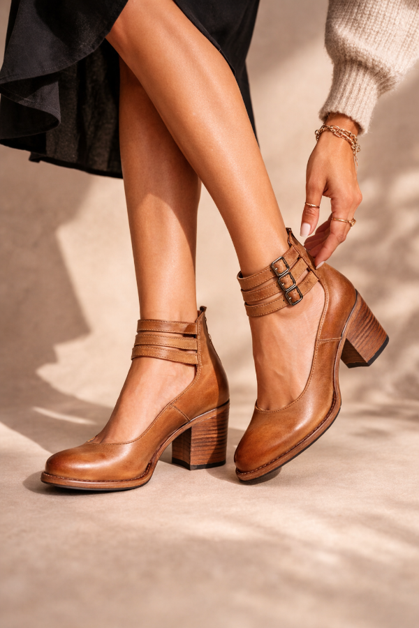 Nienke | Bootschoenen Dames Leer Blokhak Dubbele Gesp