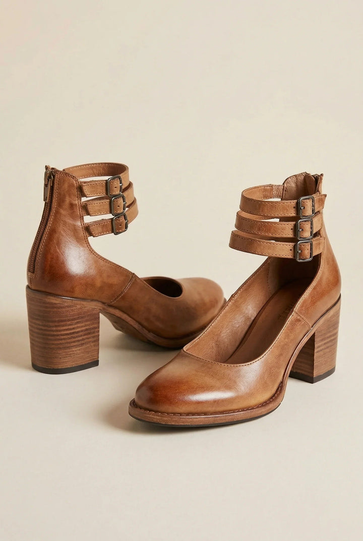 Nienke | Bootschoenen Dames Leer Blokhak Dubbele Gesp