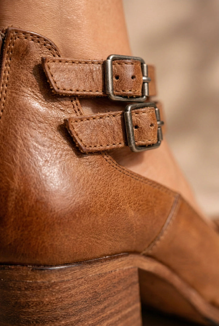 Nienke | Bootschoenen Dames Leer Blokhak Dubbele Gesp
