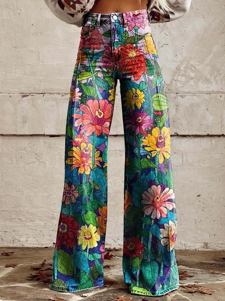 Nienke | Broek Flared Dames Bloemenprint Hoge Taille