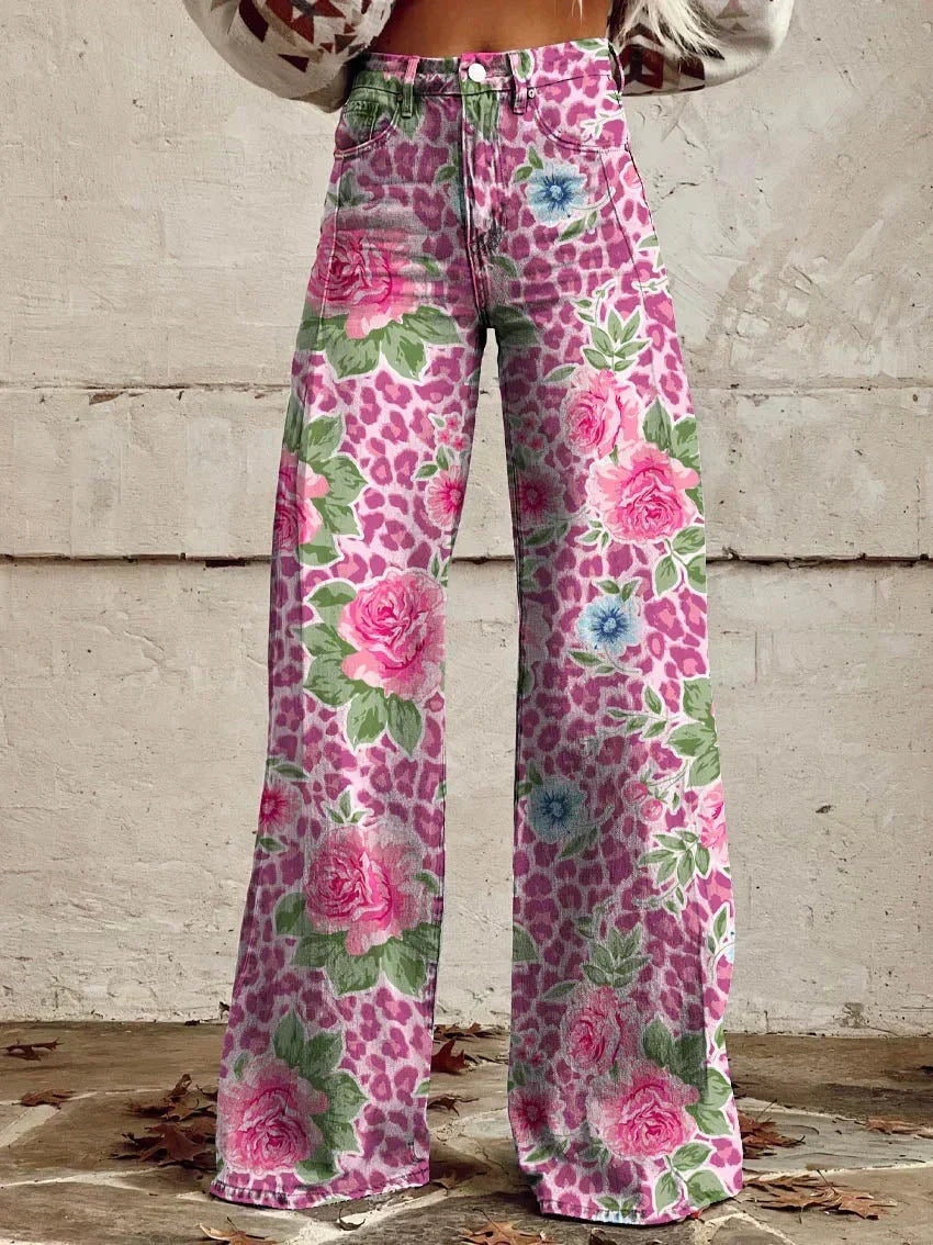 Nienke | Broek Flared Dames Bloemenprint Hoge Taille