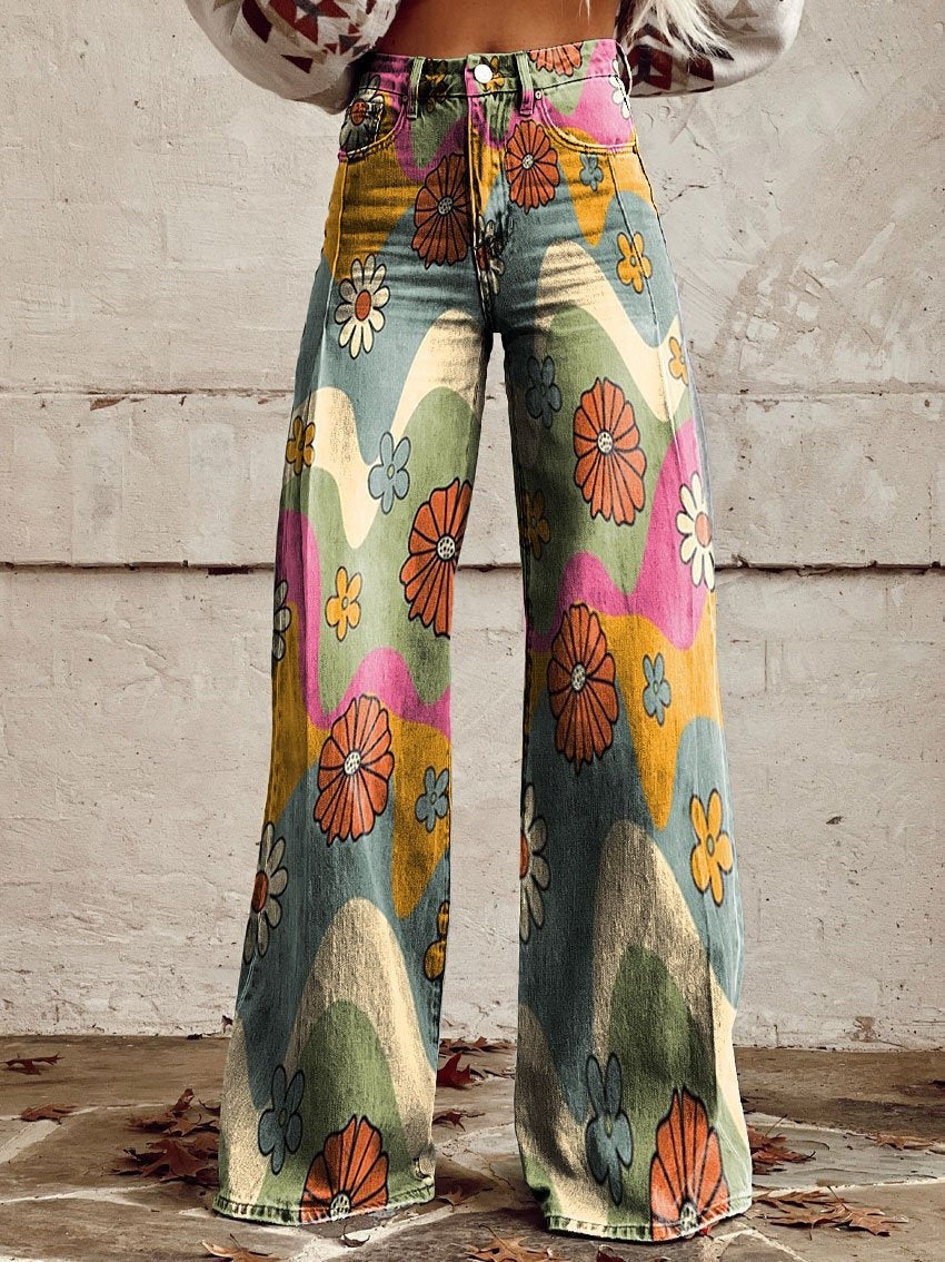Nienke | Broek Flared Dames Bloemenprint Hoge Taille