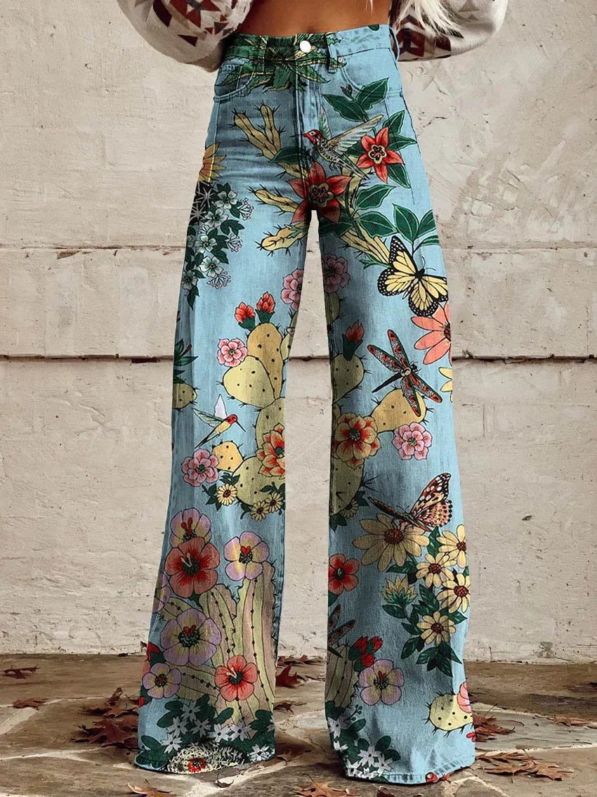 Nienke | Broek Flared Dames Bloemenprint Hoge Taille