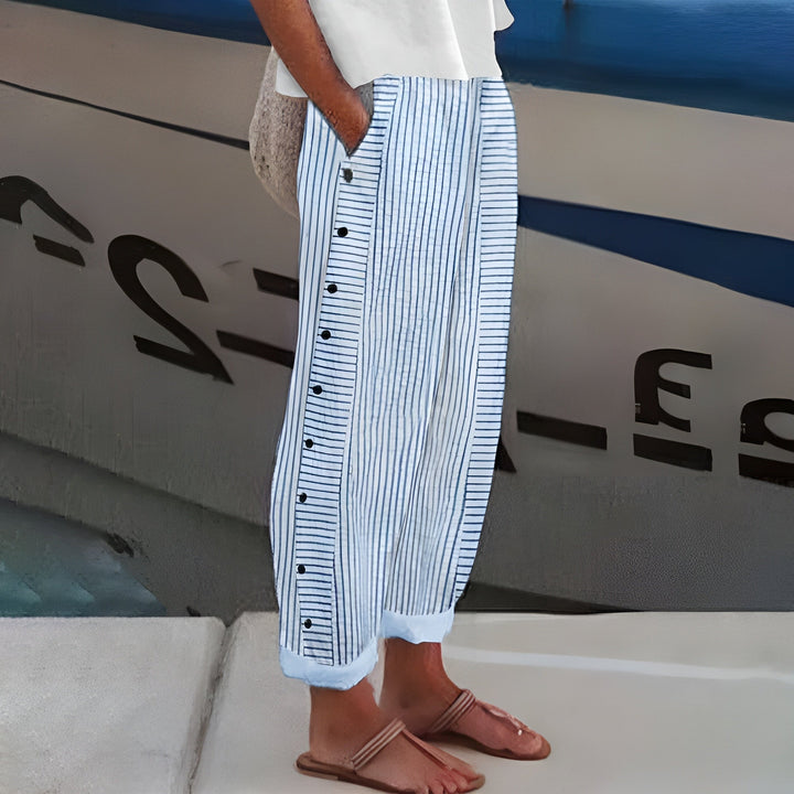 Noor | Gestreepte Broek Dames met Zijknopen Elastische Taille