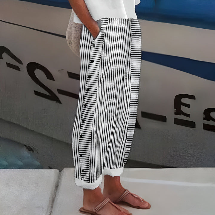 Noor | Gestreepte Broek Dames met Zijknopen Elastische Taille