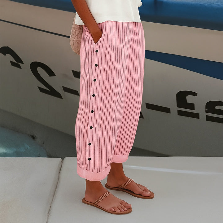 Noor | Gestreepte Broek Dames met Zijknopen Elastische Taille