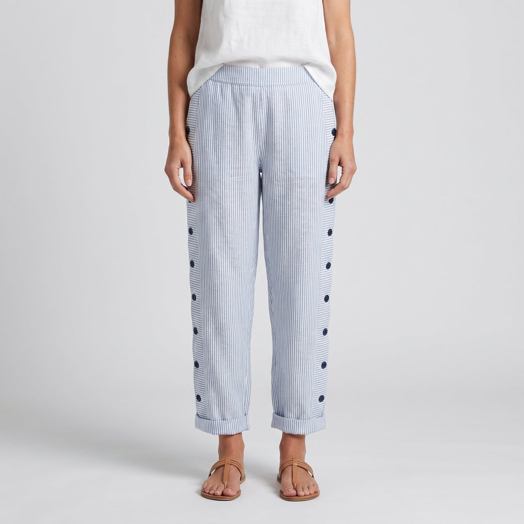 Noor | Gestreepte Broek Dames met Zijknopen Elastische Taille