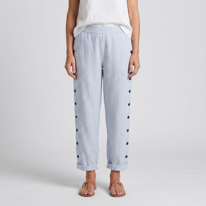 Noor | Gestreepte Broek Dames met Zijknopen Elastische Taille