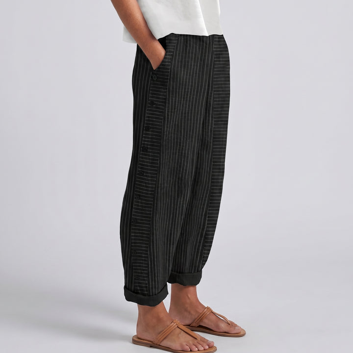 Noor | Gestreepte Broek Dames met Zijknopen Elastische Taille