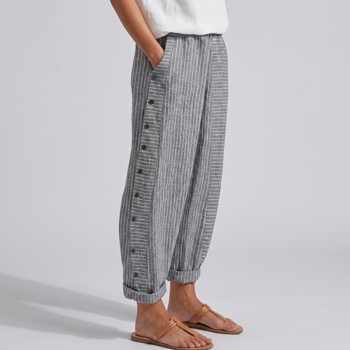 Noor | Gestreepte Broek Dames met Zijknopen Elastische Taille