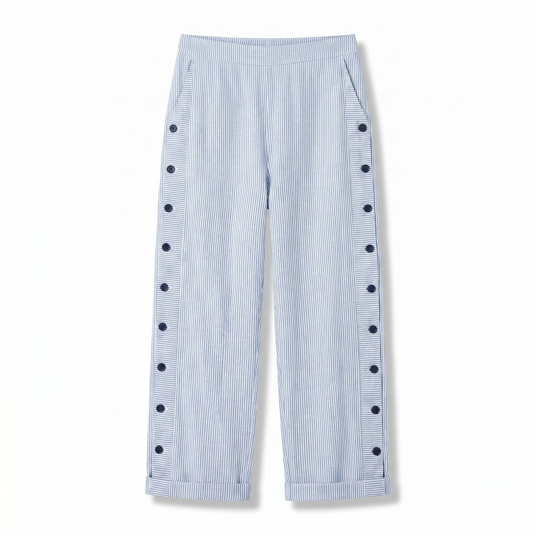 Noor | Gestreepte Broek Dames met Zijknopen Elastische Taille