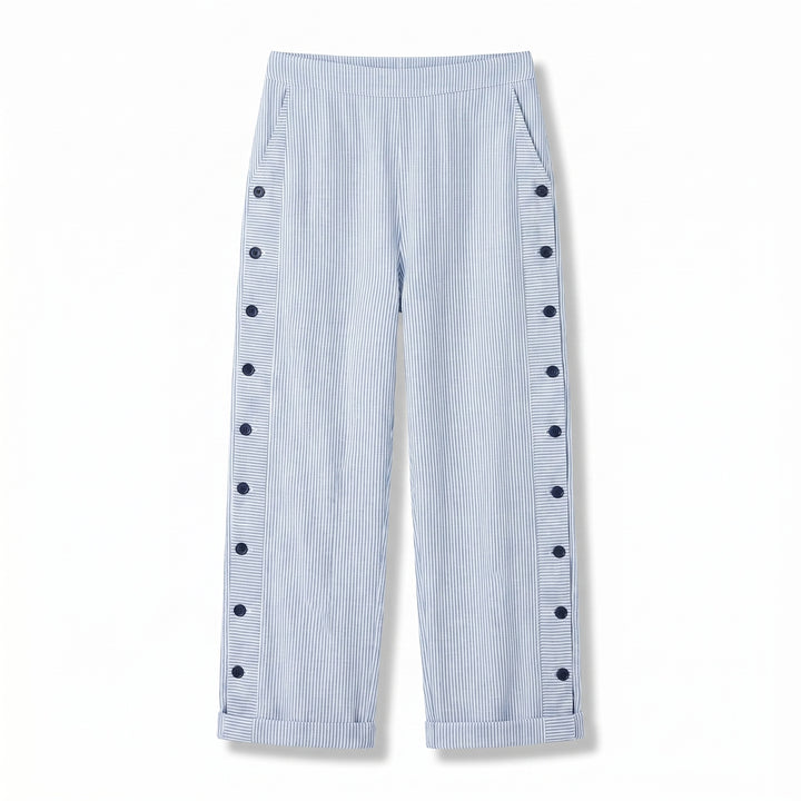 Noor | Gestreepte Broek Dames met Zijknopen Elastische Taille