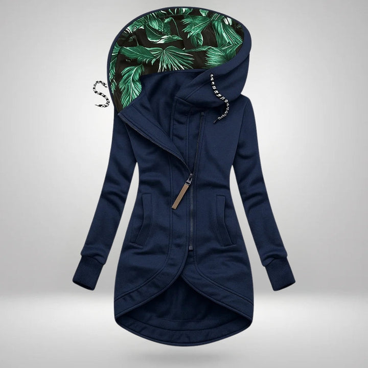Octavia | Women's Hooded Coat with Asymmetric Zip Leaf Print Lining