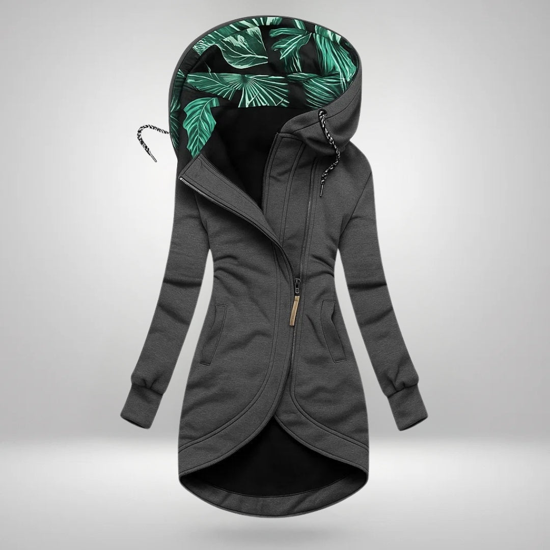 Octavia | Women's Hooded Coat with Asymmetric Zip Leaf Print Lining