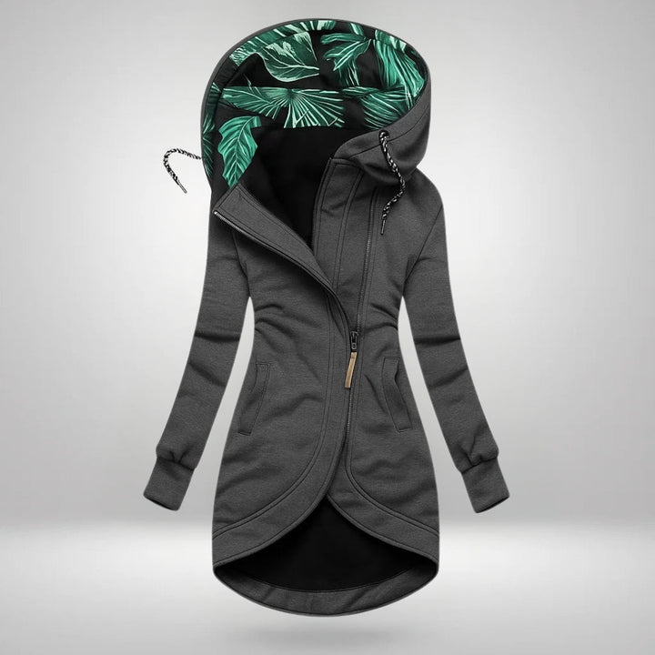 Octavia | Women's Hooded Coat with Asymmetric Zip Leaf Print Lining