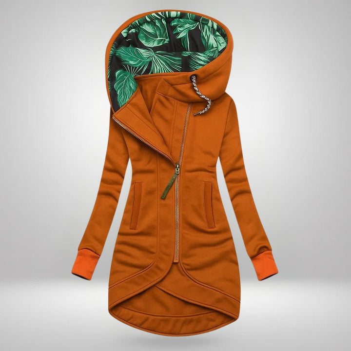Octavia | Women's Hooded Coat with Asymmetric Zip Leaf Print Lining