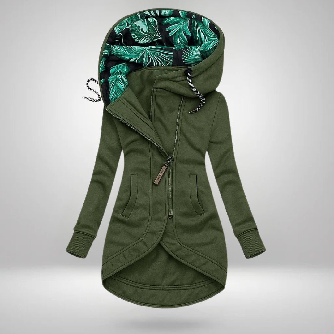 Octavia | Women's Hooded Coat with Asymmetric Zip Leaf Print Lining