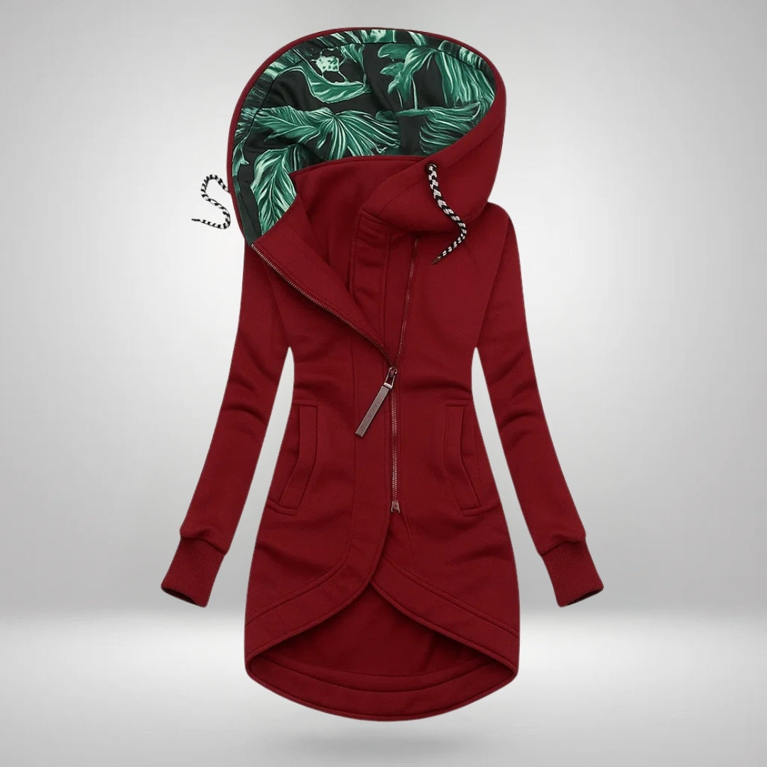 Octavia | Women's Hooded Coat with Asymmetric Zip Leaf Print Lining