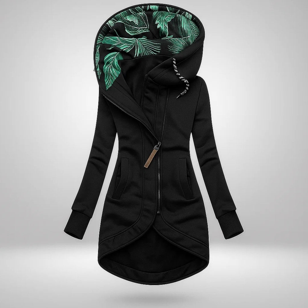 Octavia | Women's Hooded Coat with Asymmetric Zip Leaf Print Lining
