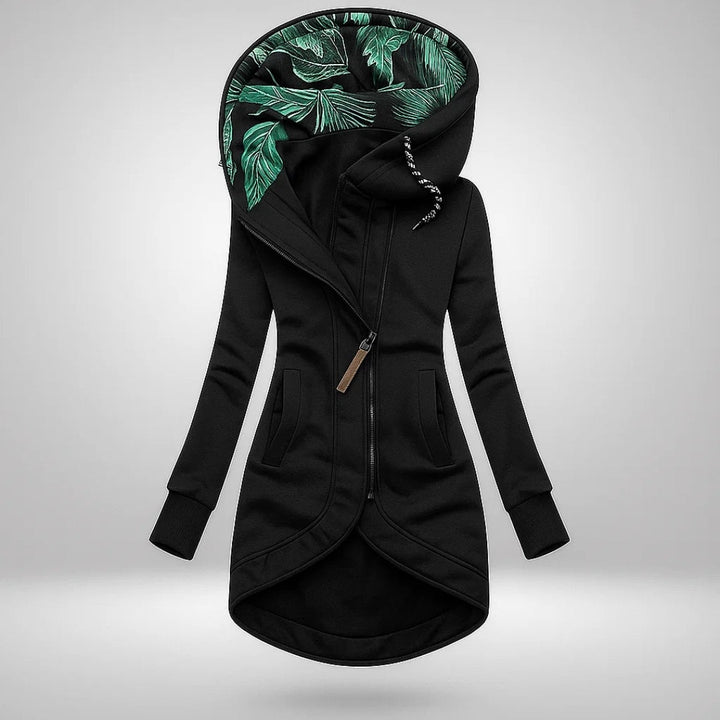 Octavia | Women's Hooded Coat with Asymmetric Zip Leaf Print Lining