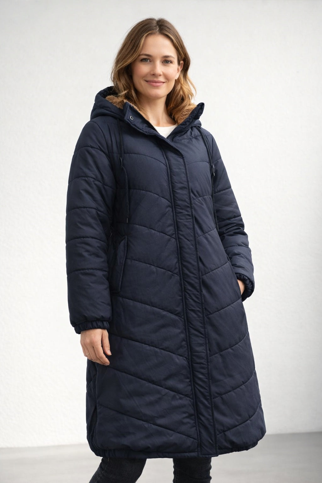 Ottilie | Women's Long Puffer Coat with Hood Faux Shearling Lined