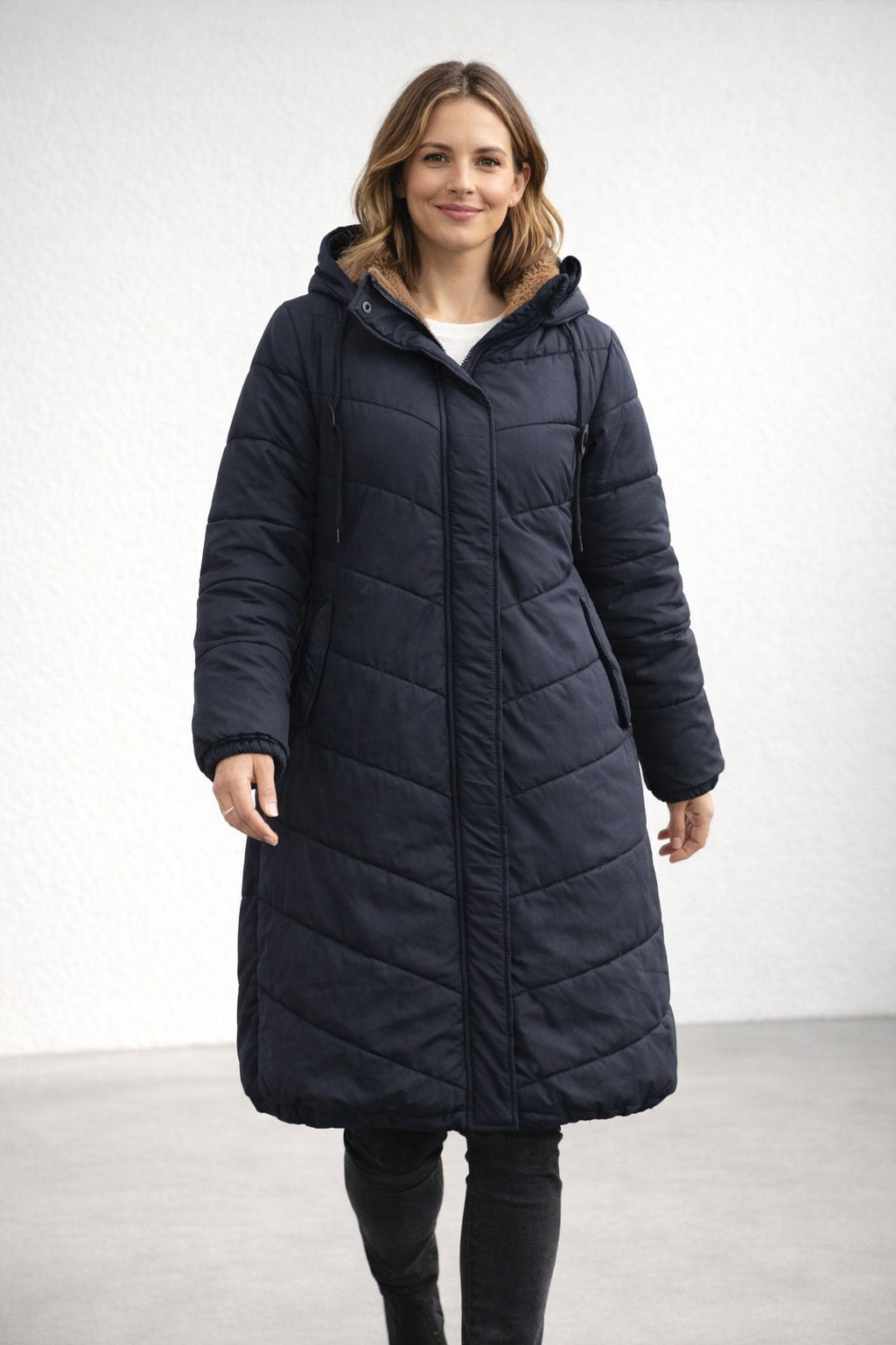Ottilie | Women's Long Puffer Coat with Hood Faux Shearling Lined