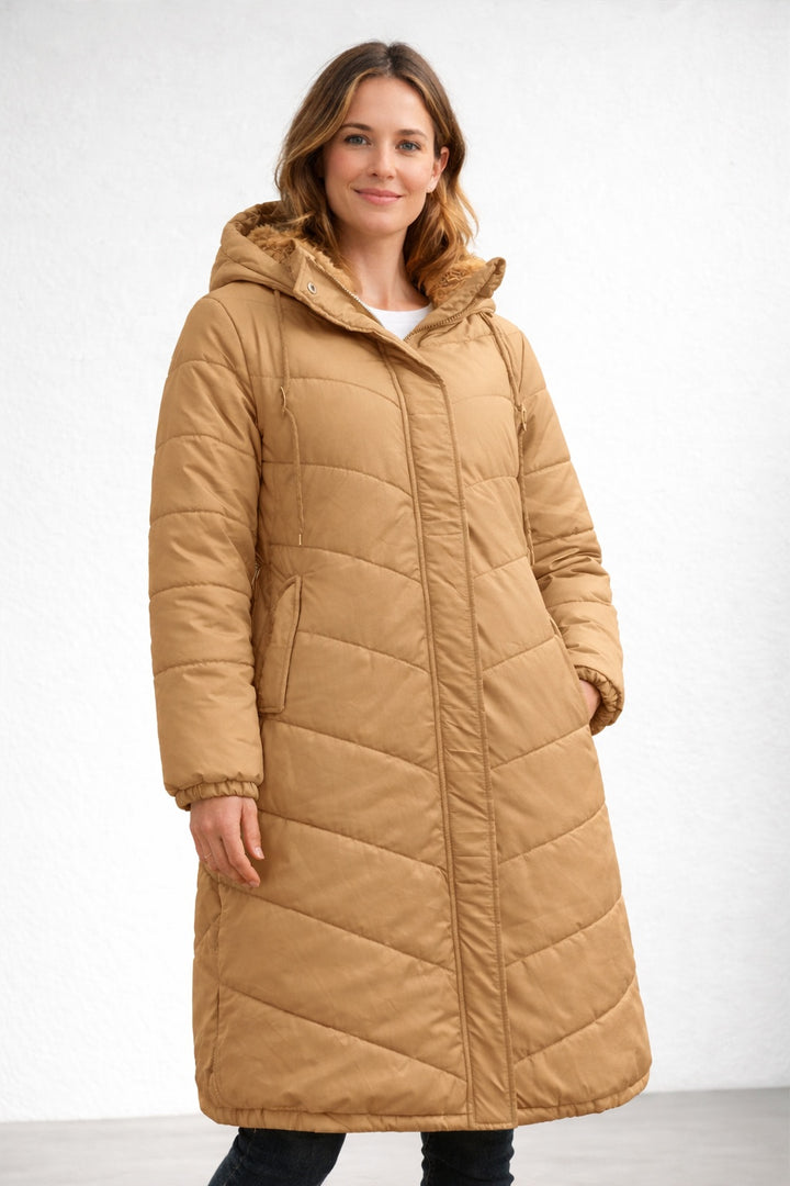 Ottilie | Women's Long Puffer Coat with Hood Faux Shearling Lined