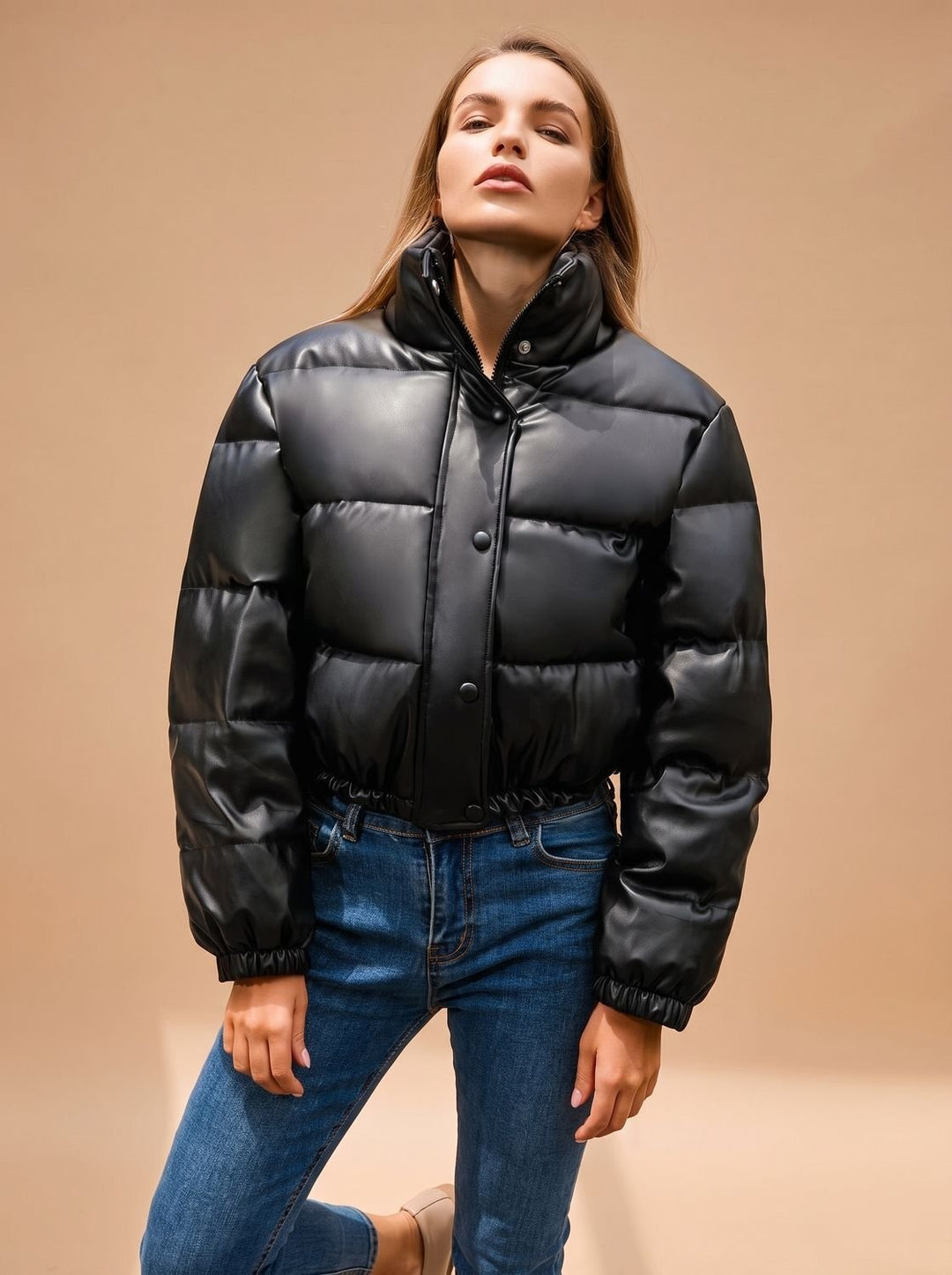 Persephone | Women's Cropped Faux Leather Down Jacket Stand Collar
