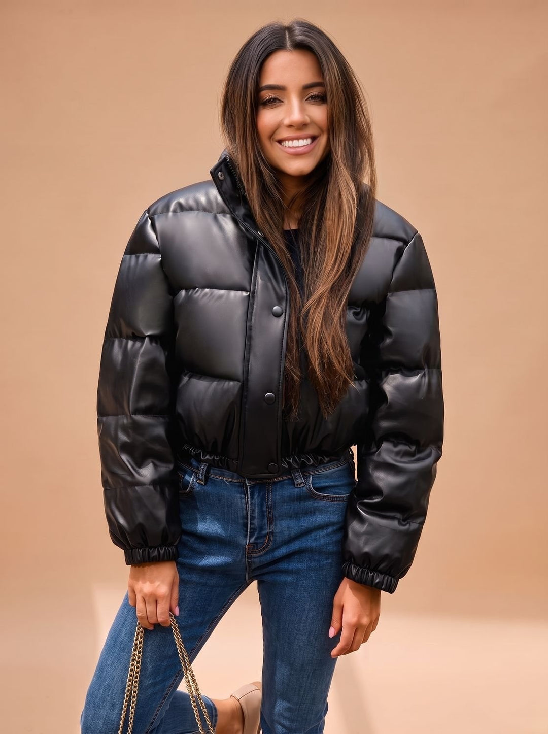 Persephone | Women's Cropped Faux Leather Down Jacket Stand Collar