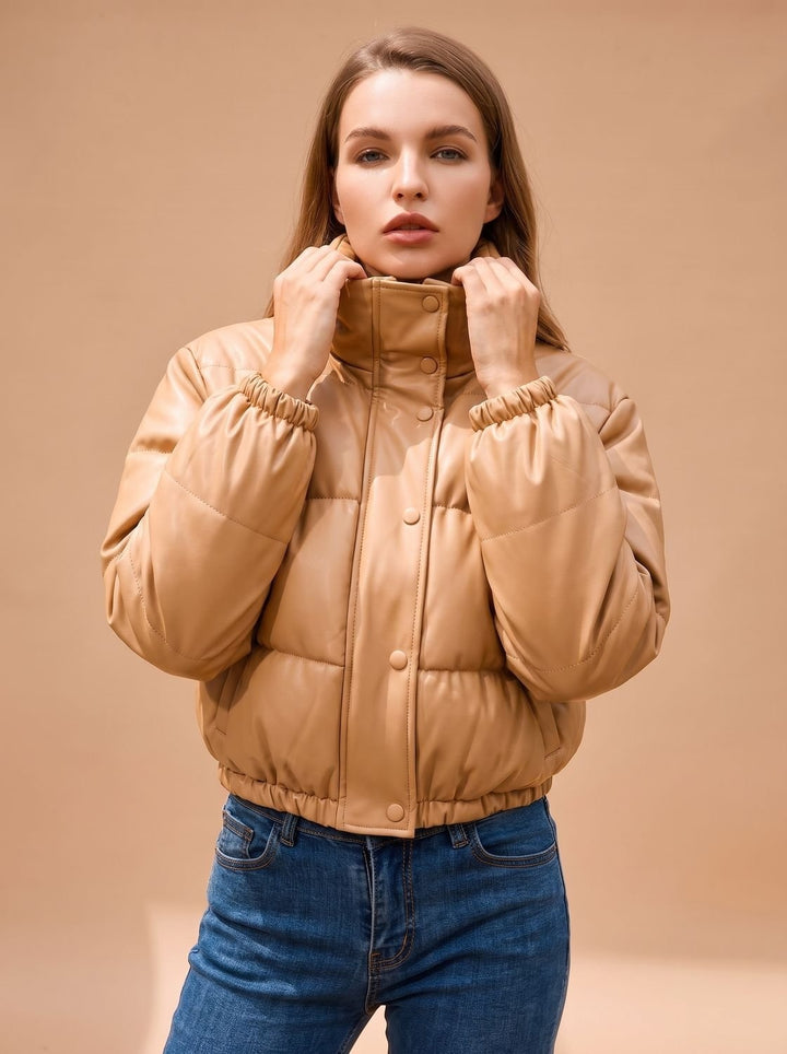 Persephone | Women's Cropped Faux Leather Down Jacket Stand Collar