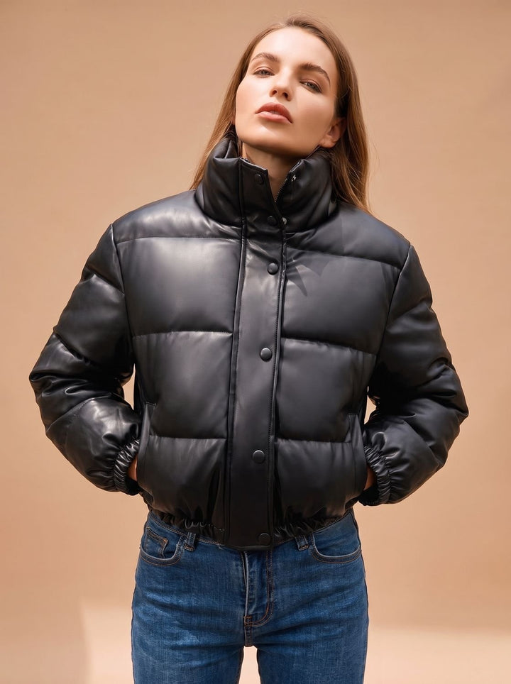 Persephone | Women's Cropped Faux Leather Down Jacket Stand Collar