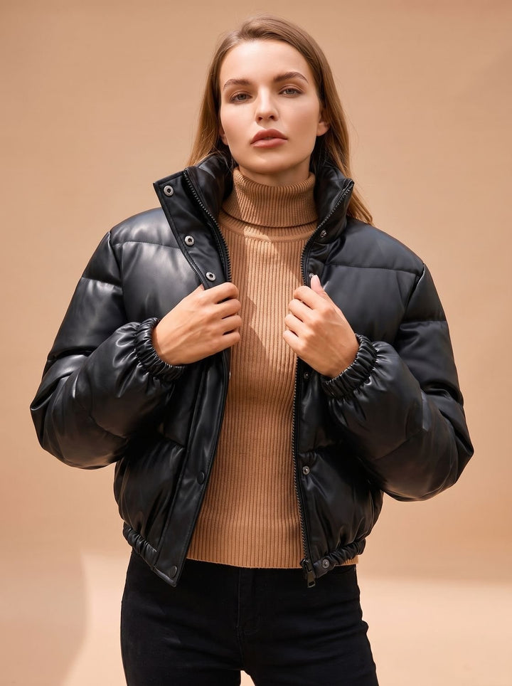 Persephone | Women's Cropped Faux Leather Down Jacket Stand Collar